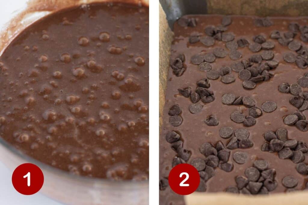 Steps 1 and 2 for making birthday brownies. 1, combine the brownie ingredients. 2, pour mixture into pan.