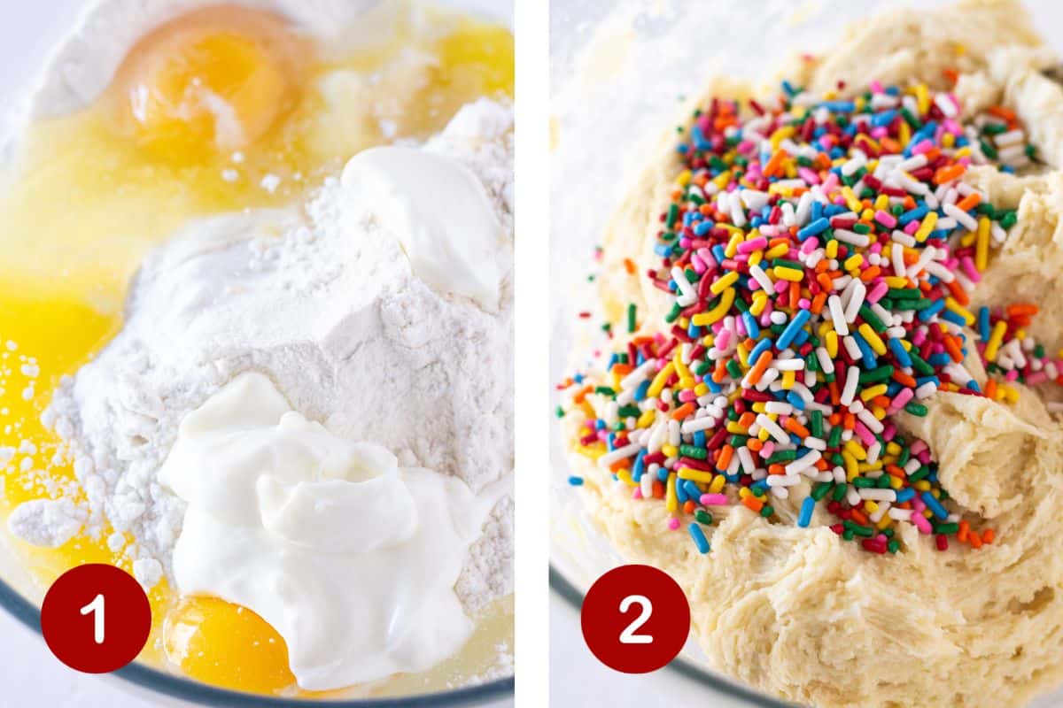 Steps 1 and 2 of making birthday cake cookies. 1, make dough. 2, add sprinkles to dough.