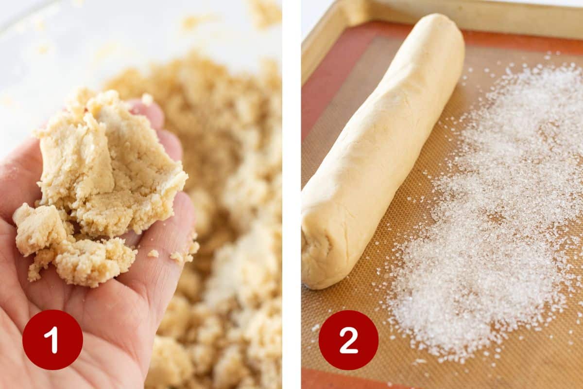Steps 1 and 2 of making brown sugar shortbread. 1, make the dough. 2, roll dough into a log.