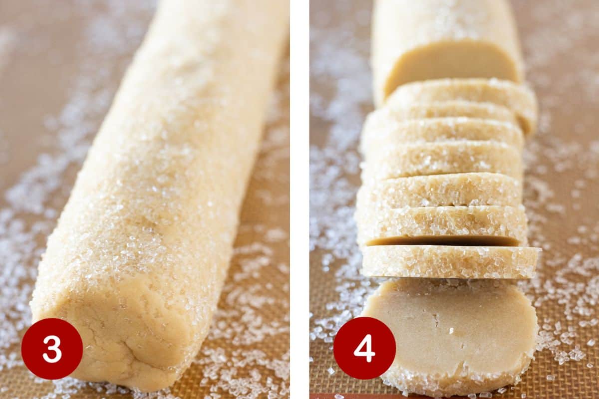 Steps 3 and 4 of making brown sugar shortbread. 3, roll log in sanding sugar and refrigerate. 4, cut into rounds.