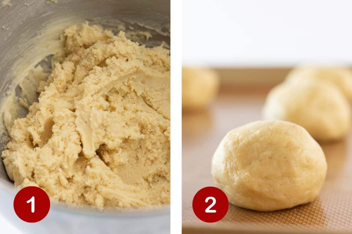 Steps 1 and 2 of making chilled sugar cookies. 1, make cookie dough. 2, form cookie dough into balls.