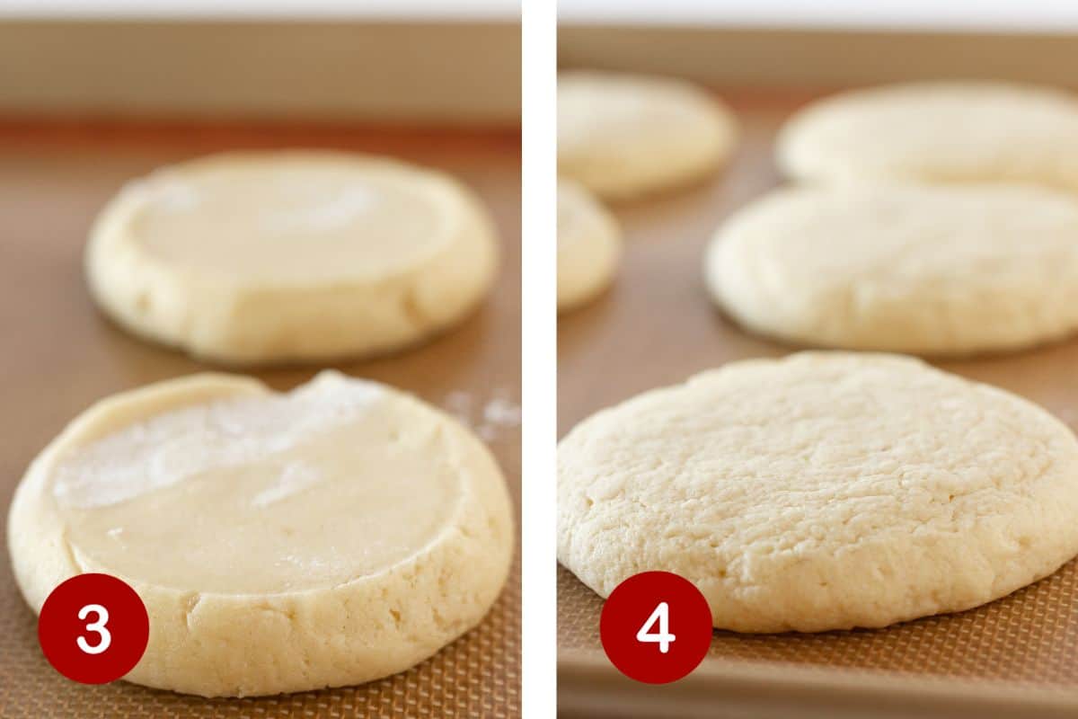 Steps 3 and 4 of making chilled sugar cookies. 3, form dough into discs. 4, bake cookies.