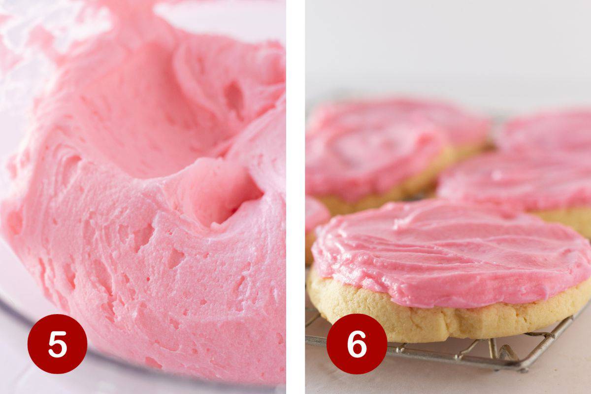Steps 5 and 6 of making chilled sugar cookies. 5, make frosting. 6, frost cookies.