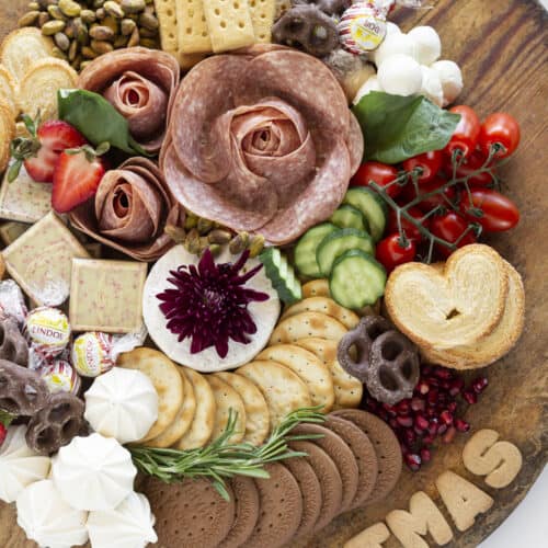 A finished Christmas charcuterie board that is festive.