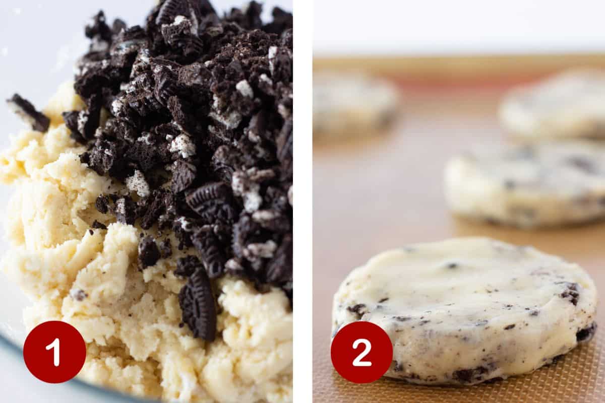 Steps 1 and 2 of making cookies and cream cookies. 1, make cookie dough and add cookies.  2, shape dough into discs.