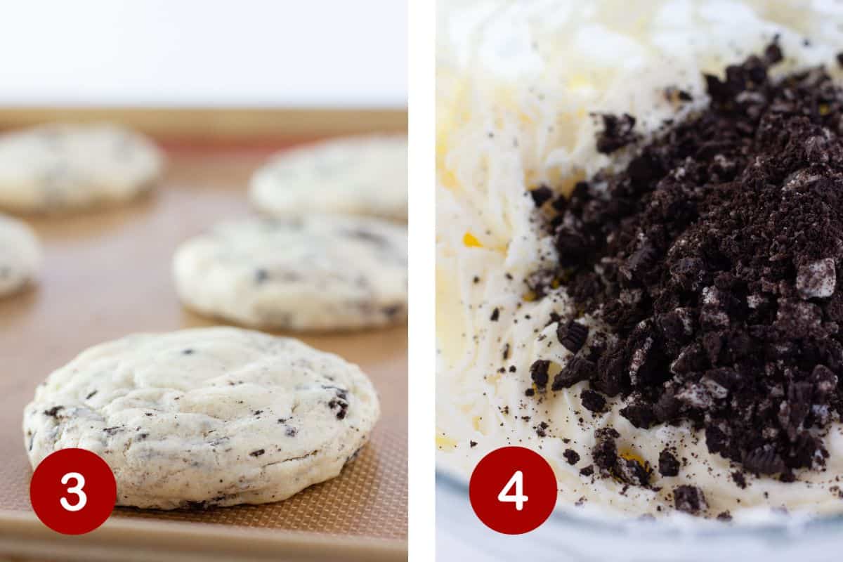 Steps 3 and 4 of making crumbl copycat cookies. 3, bake cookies. 4, make frosting.