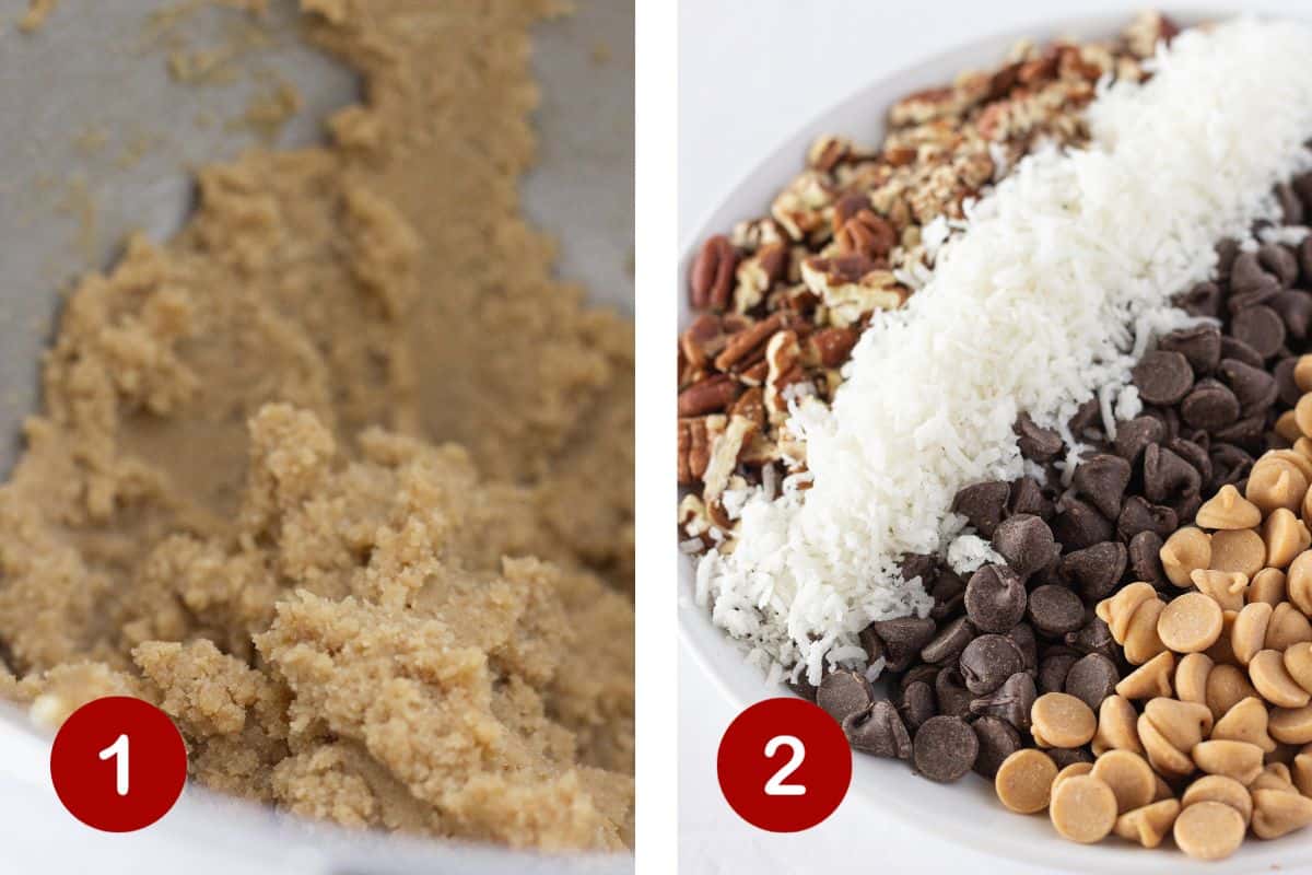 Steps 1 and 2 of making Cowboy cookies. 1, make the cookie dough. 2, gather the add-in ingredients.