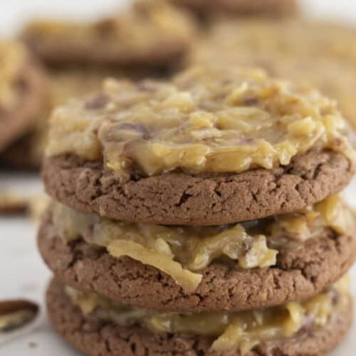 German chocolate cake mix cookies stacked on each other.