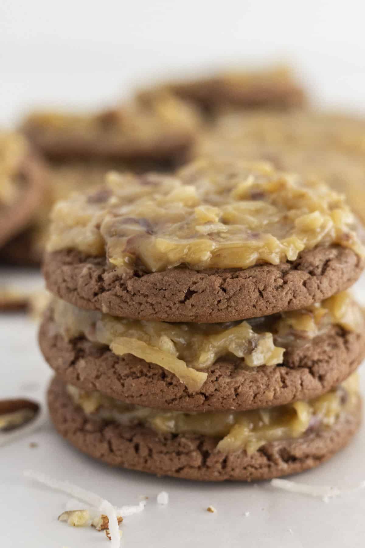 German Chocolate Cake Mix Cookies stacked on each other.