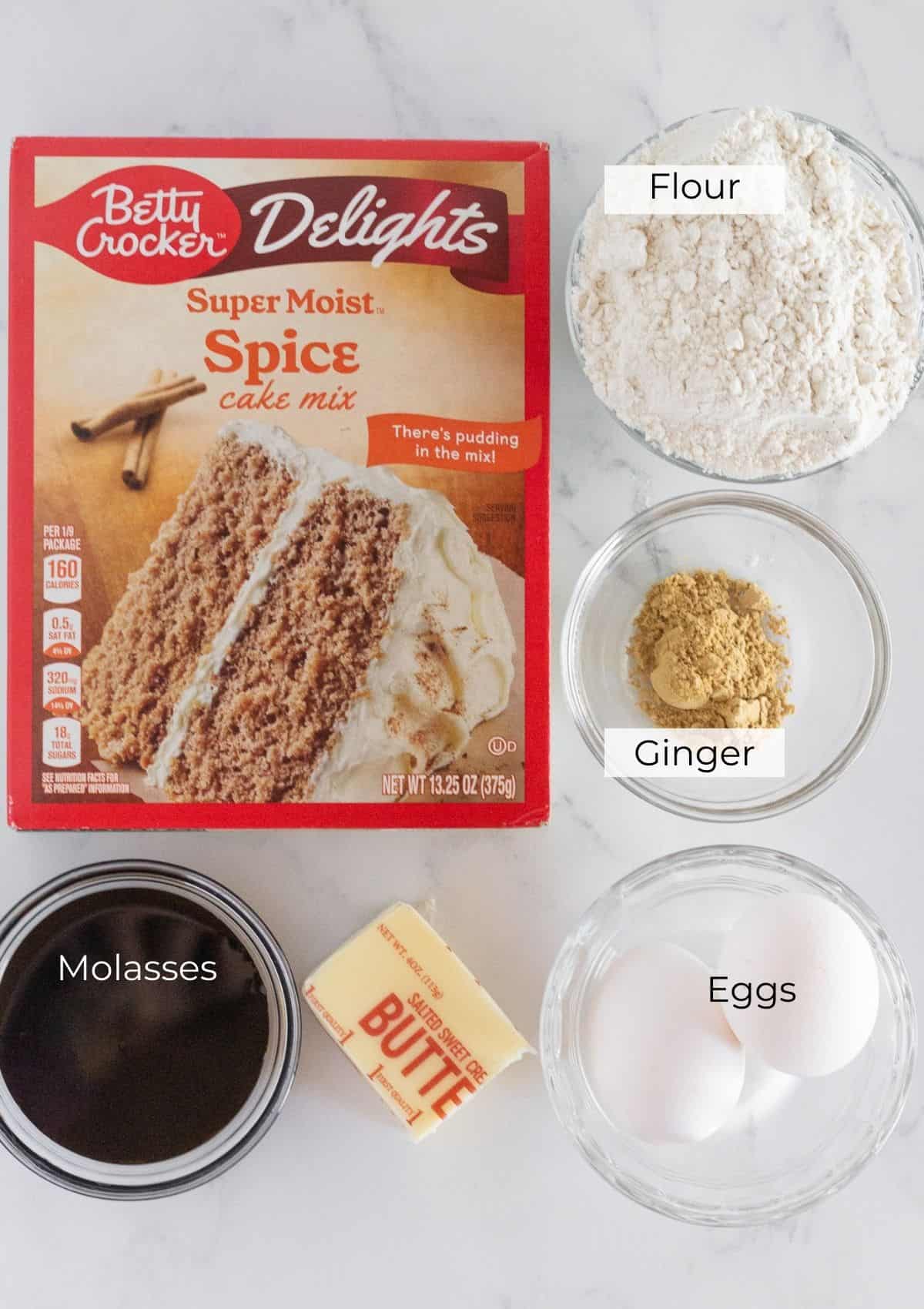 Ingredients needed to make gingerbread cookies with a cake mix.