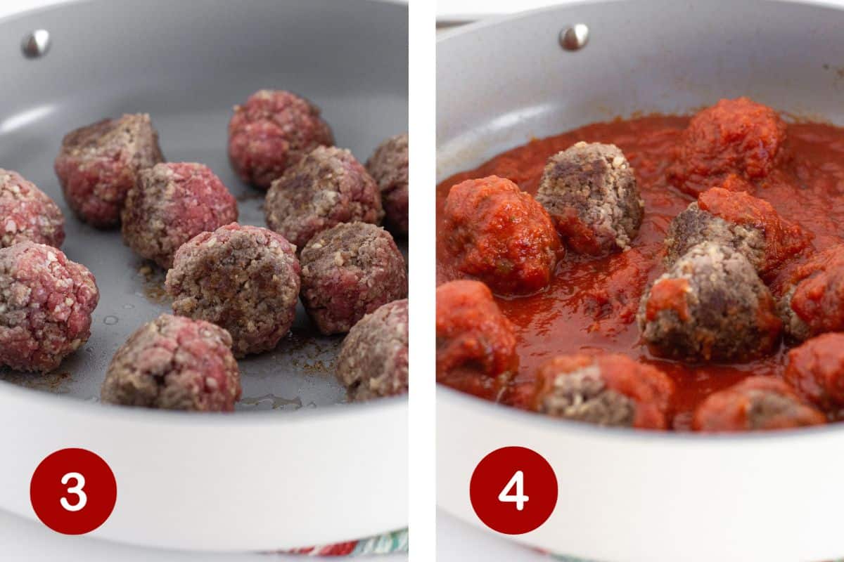 Steps 3 and 4 of making meatball skillet. 3, brown meatballs. 4, add marinara sauce.