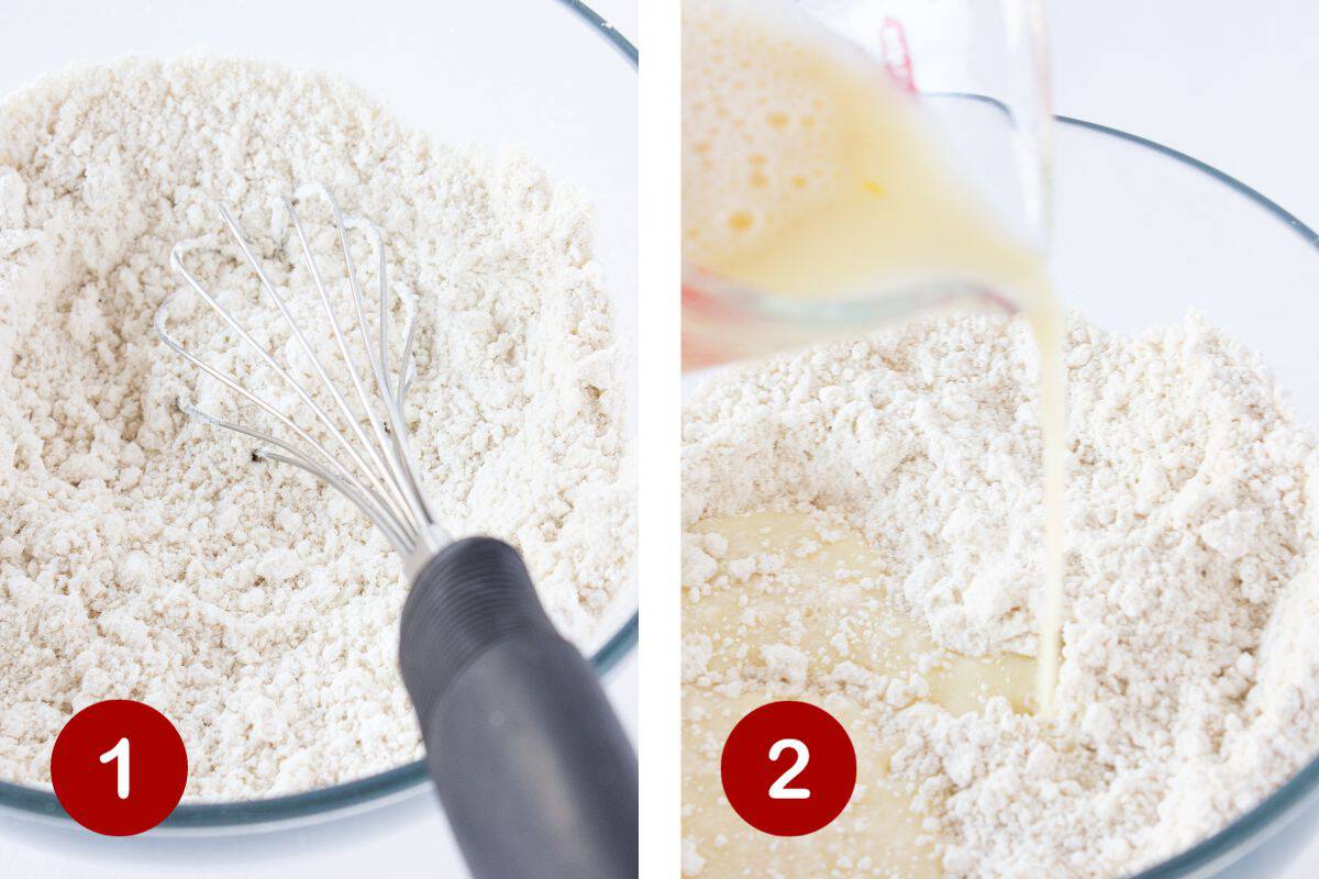 Steps 1 and 2 of making pancake donuts. 1, whisk dry ingredients. 2, add wet ingredients.