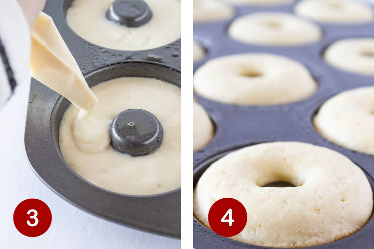 Steps 3 and 4 of making pancake donuts. 3, filling the pan. 4, baking the donuts.