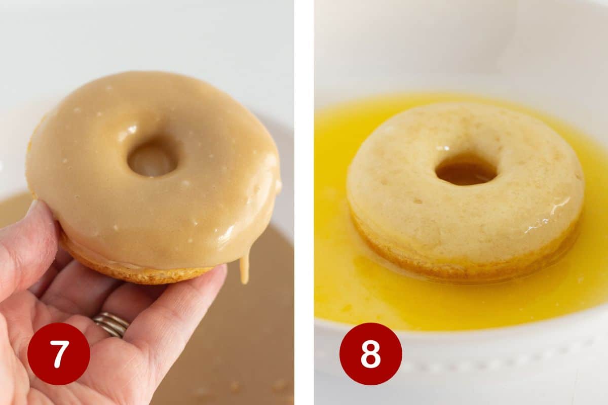 Steps 7 and 8 of making pancake mix donuts. 7, allow maple donuts to set. 8, dip other donuts in melted butter.