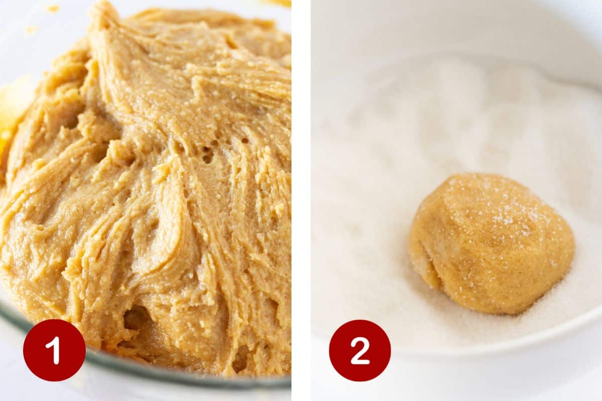Steps 1 and 2 of making Peanut Butter Blossom Cookies. 1, make dough. 2, roll in sugar.