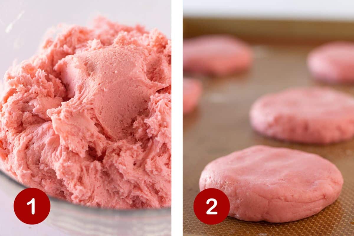 Steps 1 and 2 to make pink velvet cookies. 1, make the dough. 2, from dough into discs.