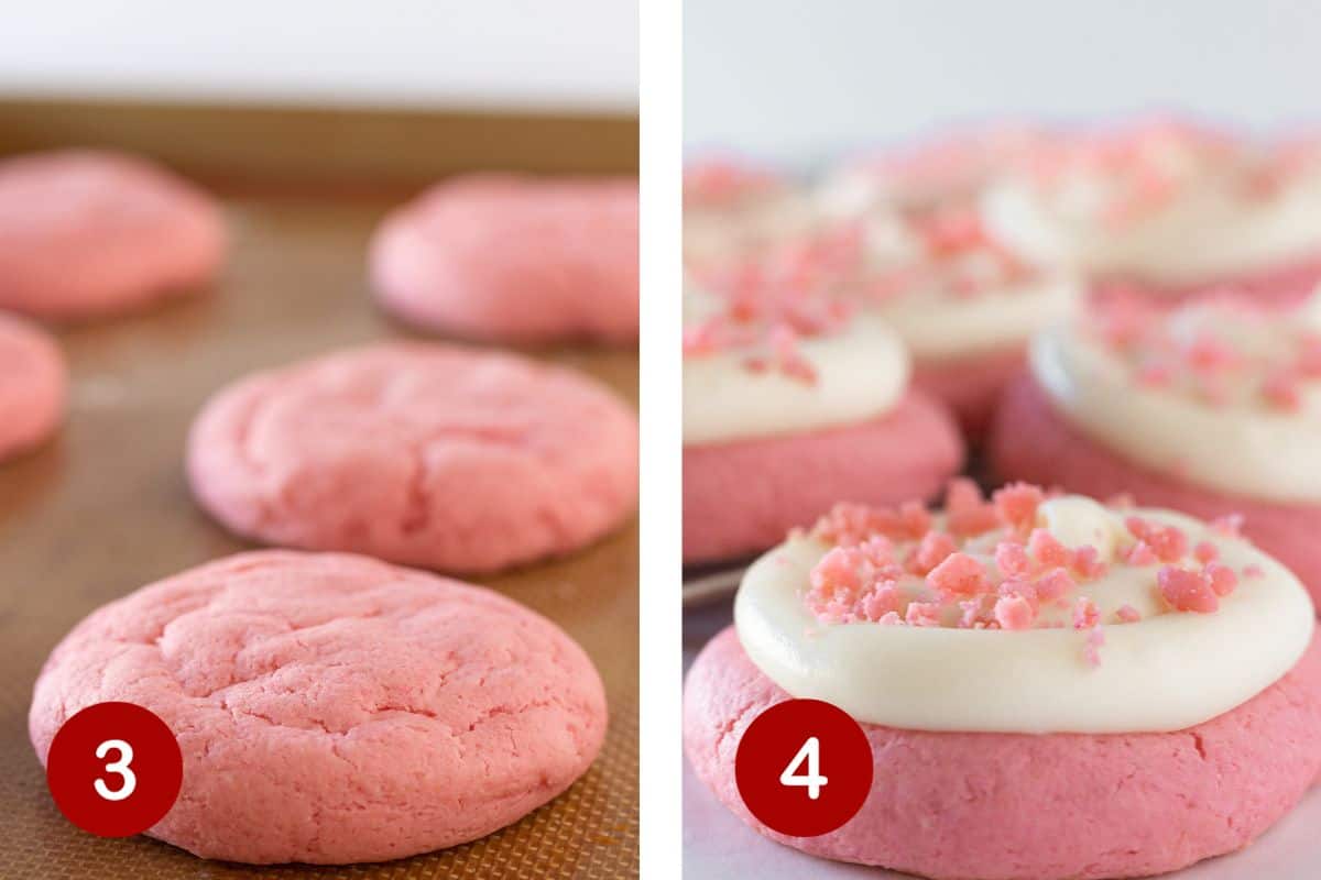 Steps 3 and 4 for pink velvet cookies. 3, bake cookies. 4, make frosting and add to cookies.