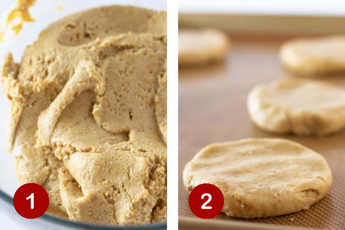 Steps 1 and 2 of making raspberry cheesecake cookies. 1, make dough. 2, scoop dough and make a disc.