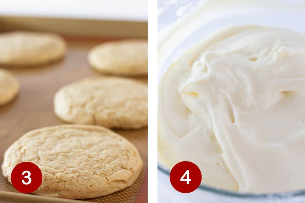 Steps 3 and 4 of making crumbl raspberry cheesecake cookies. 3, bake cookies. 4, make frosting.