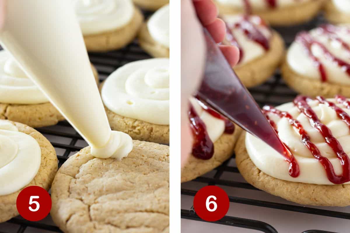 Steps 5 and 6 of making raspberry cheesecake cookies. 5, pipe frosting on cookies. 6, drizzle with raspberry jam.