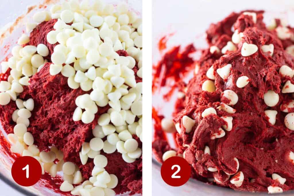 Steps 1 and 2 of making red velvet white chocolate cookies. 1, make dough and add chips. 2, stir chips into dough.