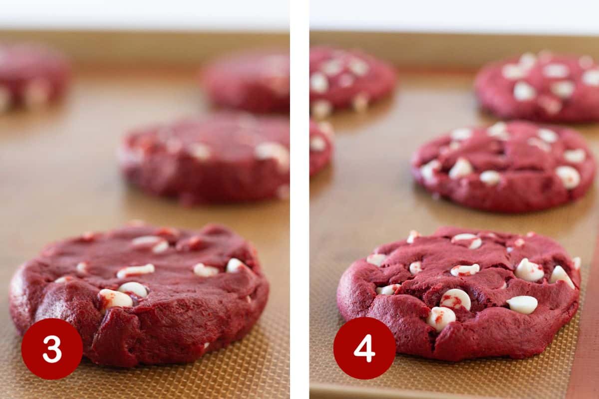 Steps 3 and 4 of making red velvet crumbl cookies. 3, form dough into discs. 4, bake cookies.