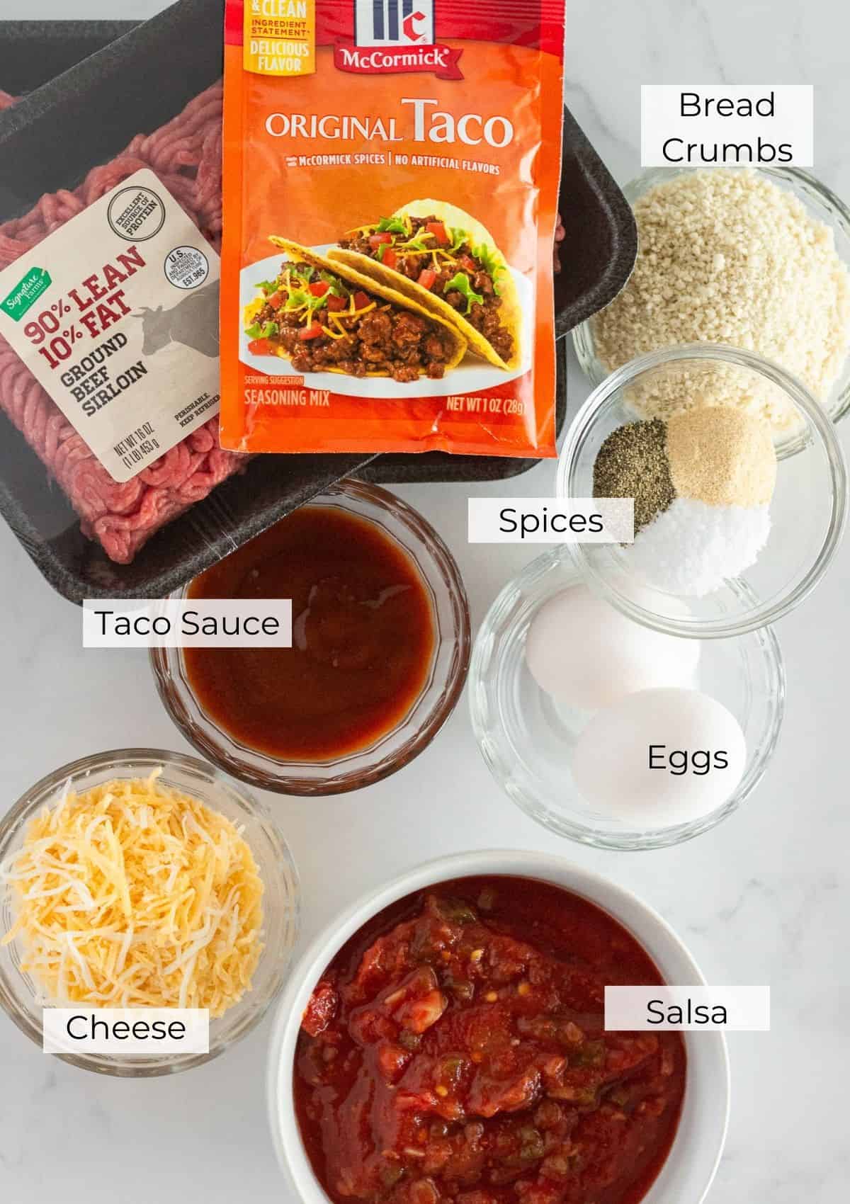 The ingredients needed to make a taco meatloaf.