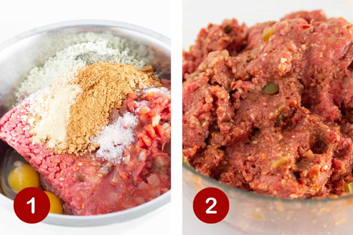Steps 1 and 2 of making taco meatloaf. 1, combine ingredients. 2, mix ingredients together.