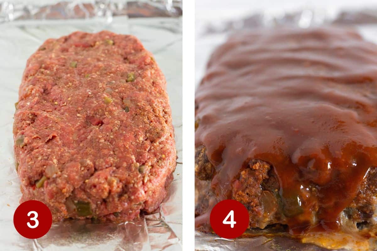 Steps 3 and 4 of making taco meatloaf. 3, add meat mixture to pan and shape into loaf.  4, bake for 45 minutes and add taco sauce.