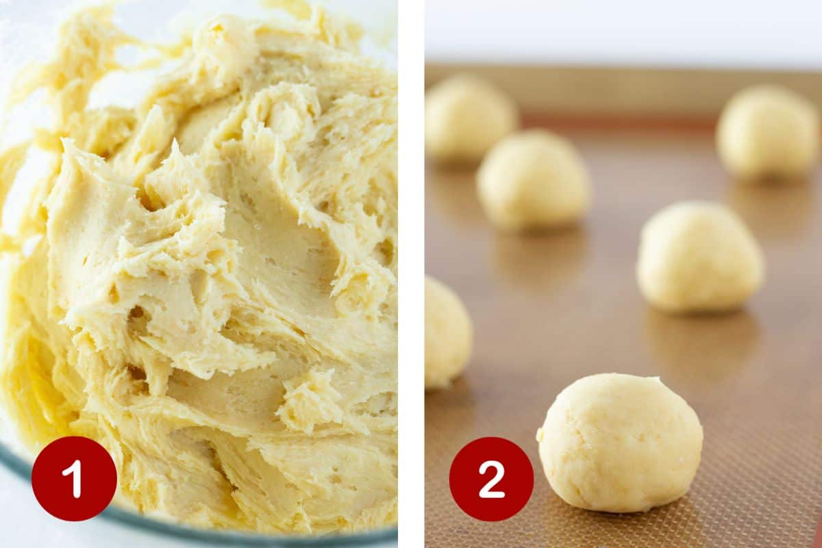 Steps 1 and 2 of making thumbprint cookies with a cake mix. 1, make cookie dough. 2, scoop and roll dough.