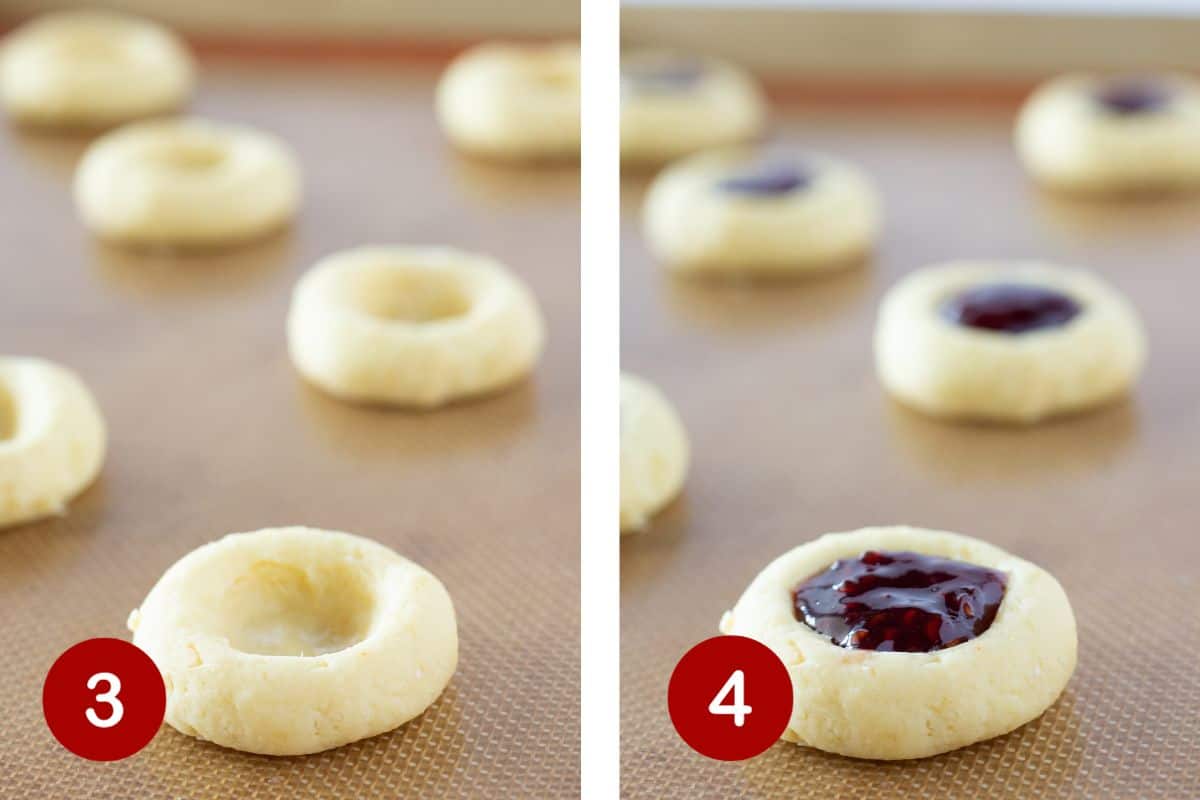 Steps 3 and 4 of making thumbprint cookies. 3, make an indentation in each cookie. 4, fill indentation with jam.