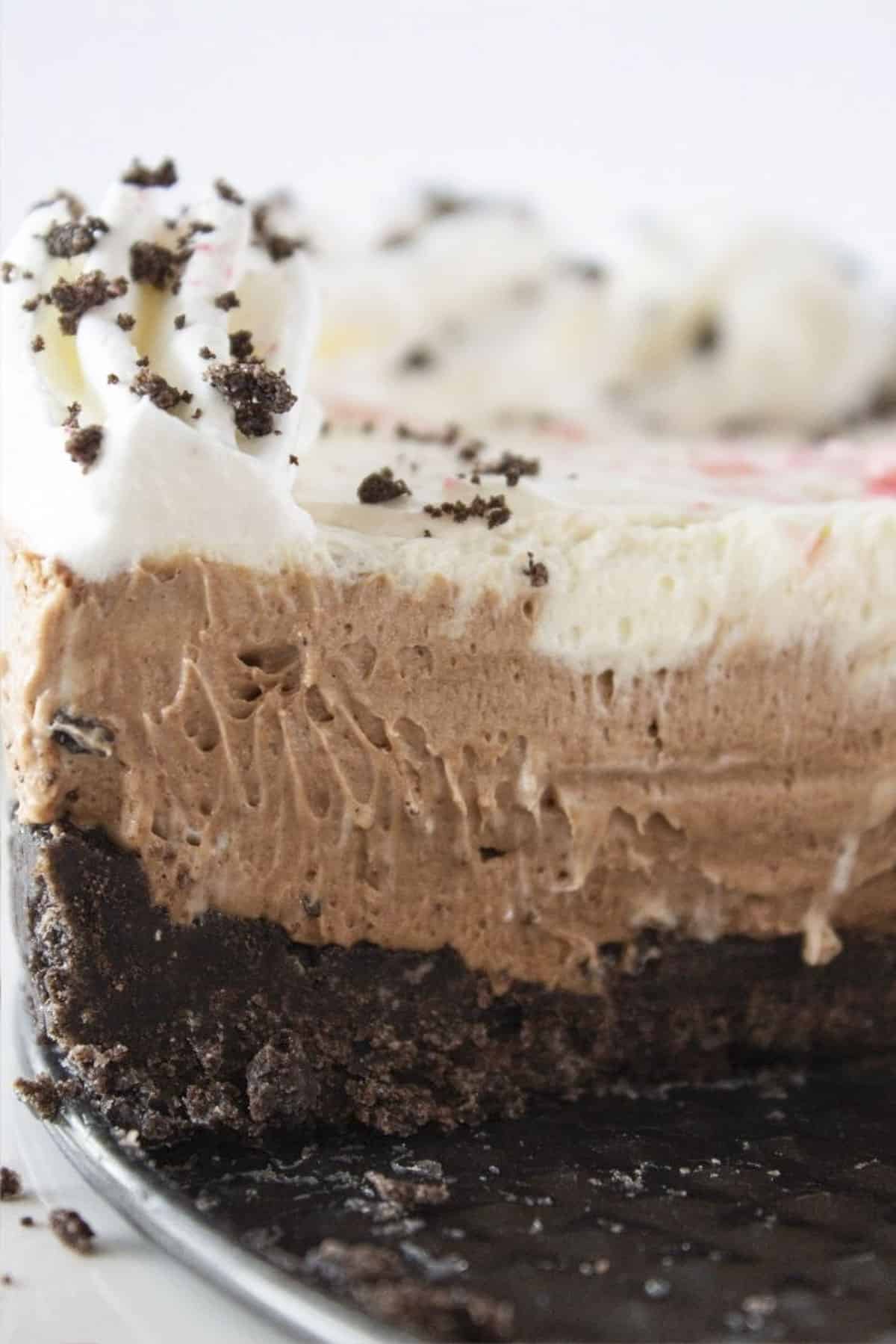 Two layer chocolate peppermint no bake cheesecake with a chocolate crust.