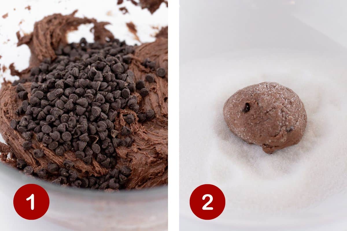Steps 1 and 2 of making chocolate crinkle cookies. 1, make the dough. 2, scoop and roll in granulated sugar.