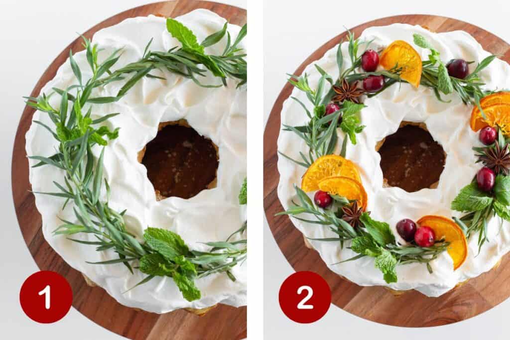 Steps 1 and 2 of making a Christmas wreath cake. 1, top with whipped cream and herbs. 2, add fruit and star anise.