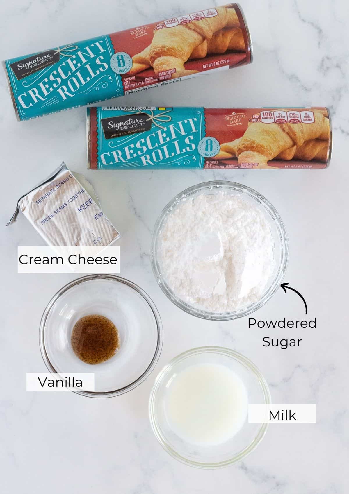 Ingredients needed to make a crescent roll cream cheese danish.