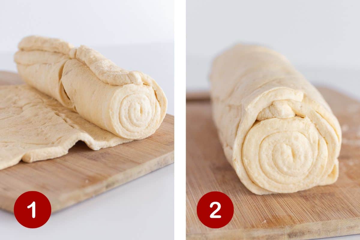 Steps 1 and 2 of making a crescent roll danish. 1, unwrap crescent rolls. 2, wrap one package of rolls around the other.