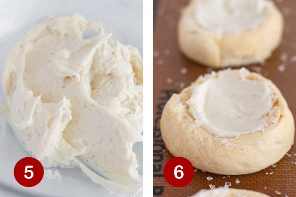 Steps 5 and 6 of making a cream cheese danish. 5, making filling, 6, place filling in unbaked roll.