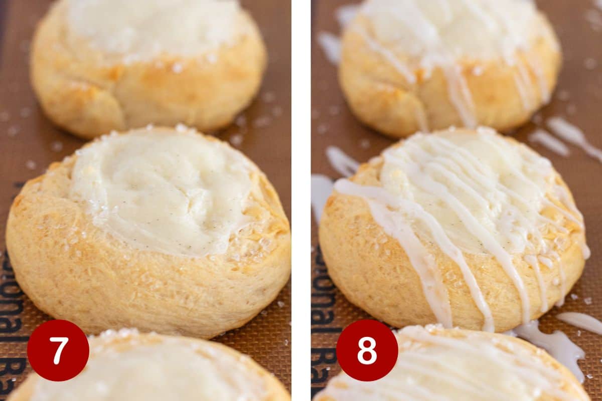 Steps 7 and 8 of making danishes with crescent rolls. 7, bake rolls. 8, make glaze and drizzle over top.
