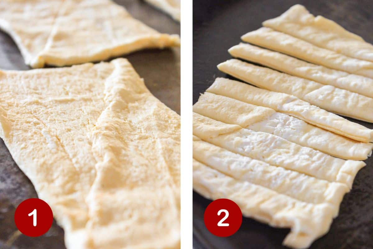 Steps 1 and 2 of making everything pigs in a blanket. 1, press crescent rolls together. 2, cut into strips.