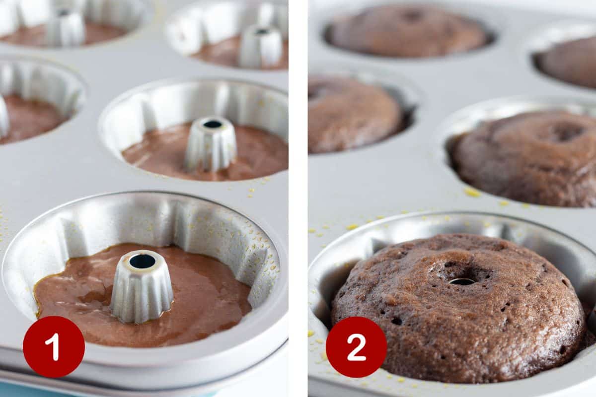Steps 1 and 2 of making mini chocolate bundt cakes. 1, make filling and fill pan. 2, bake cakes.