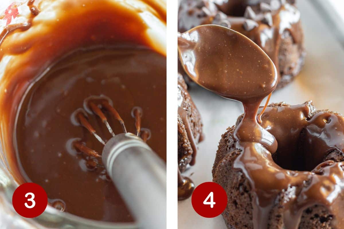 Steps 3 and 4 of making mini chocolate bundt cakes. 3, make ganache. 4, spoon ganache on cakes.