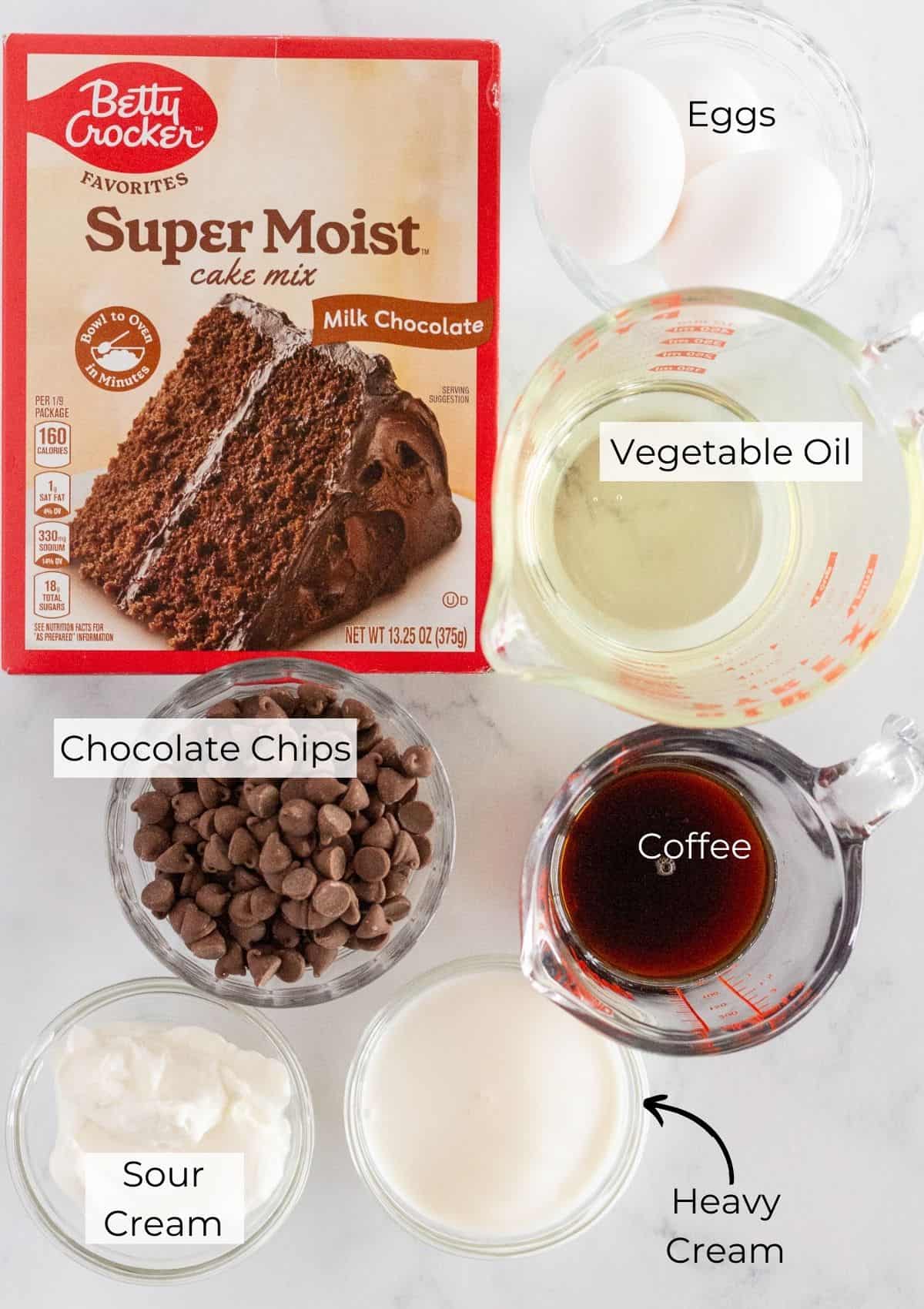 The ingredients needed to make mini chocolate bundt cakes.