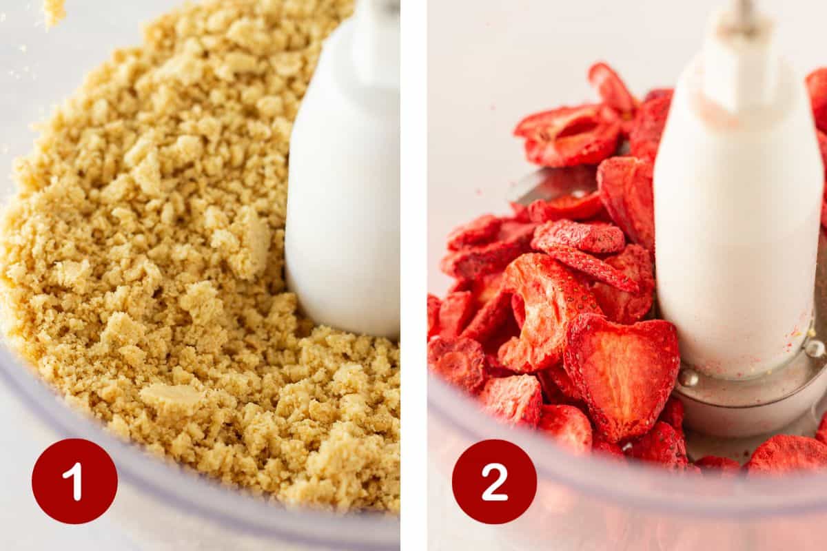 Steps 1 and 2 of making strawberry crunch topping. 1, pulse Golden Oreos. 2, pulse freeze dried strawberries.