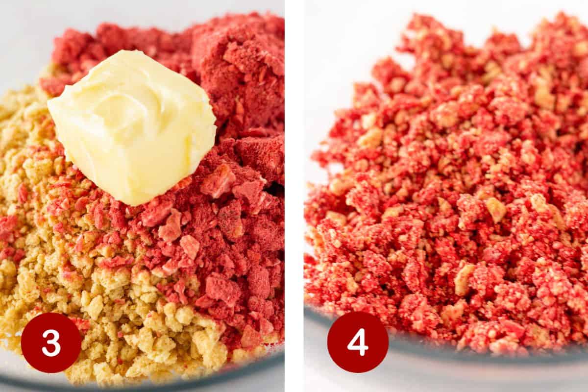 Steps 3 and 4 of making strawberry crunch topping. 3, combine ingredients. 4, work butter into Golden Oreo and strawberry crumbs.
