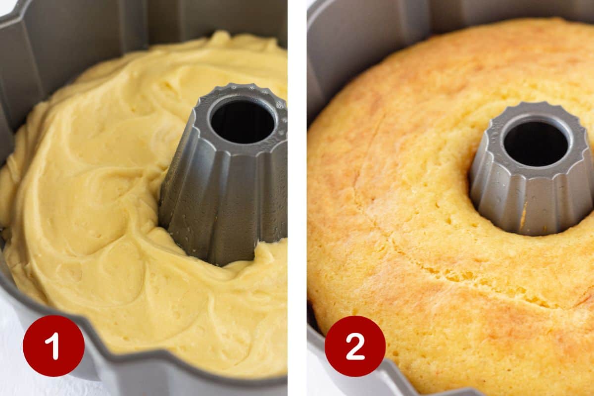 Steps 1 and 2 of making a Boston Cream Pie Bundt Cake.