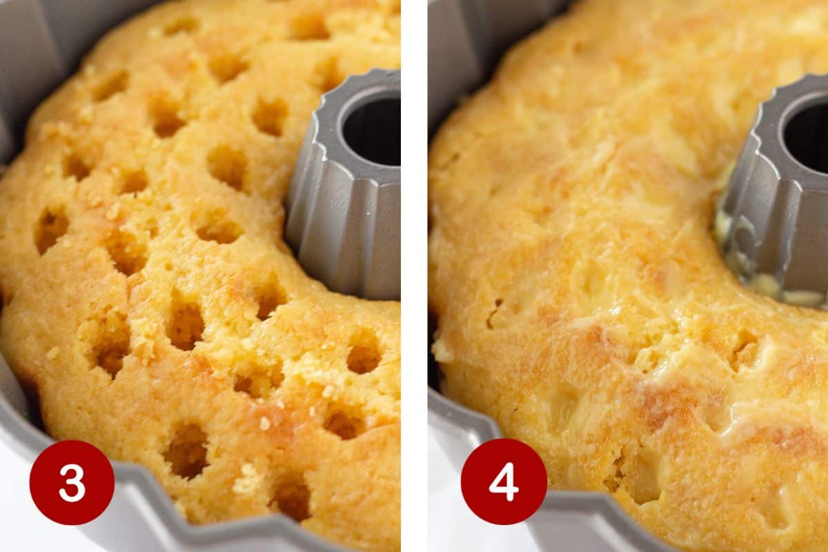 Steps 3 and 4 of making a Boston Cream Pie Poke Cake in a Bundt pan.