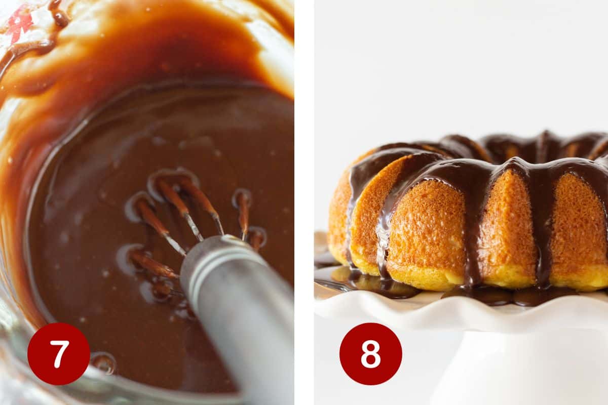 Steps 7 and 8 of making a Boston Cream Pie Bundt Cake.