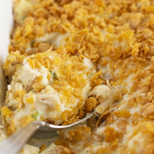 A chicken and hashbrown casserole with corn flake topping.