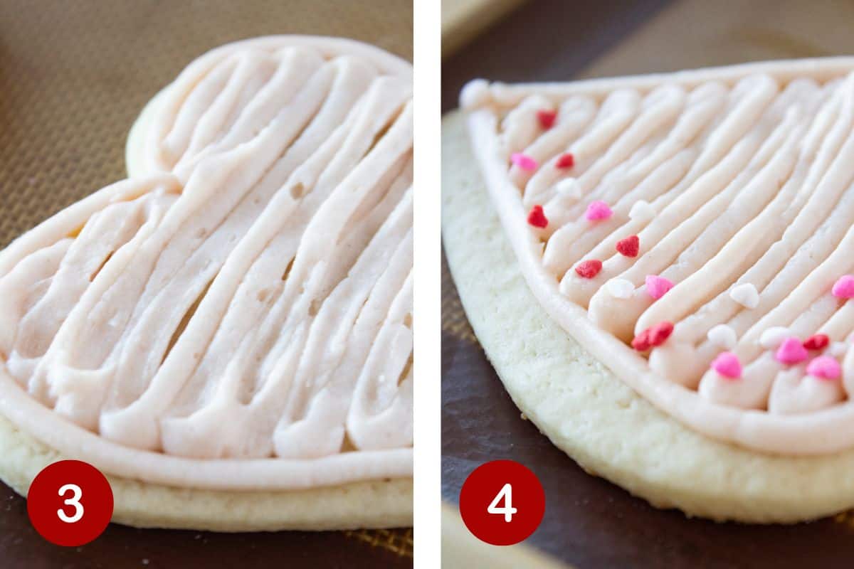 Steps 3 and 4 of frosting heart cookies. Filling in cookies and adding sprinkles.