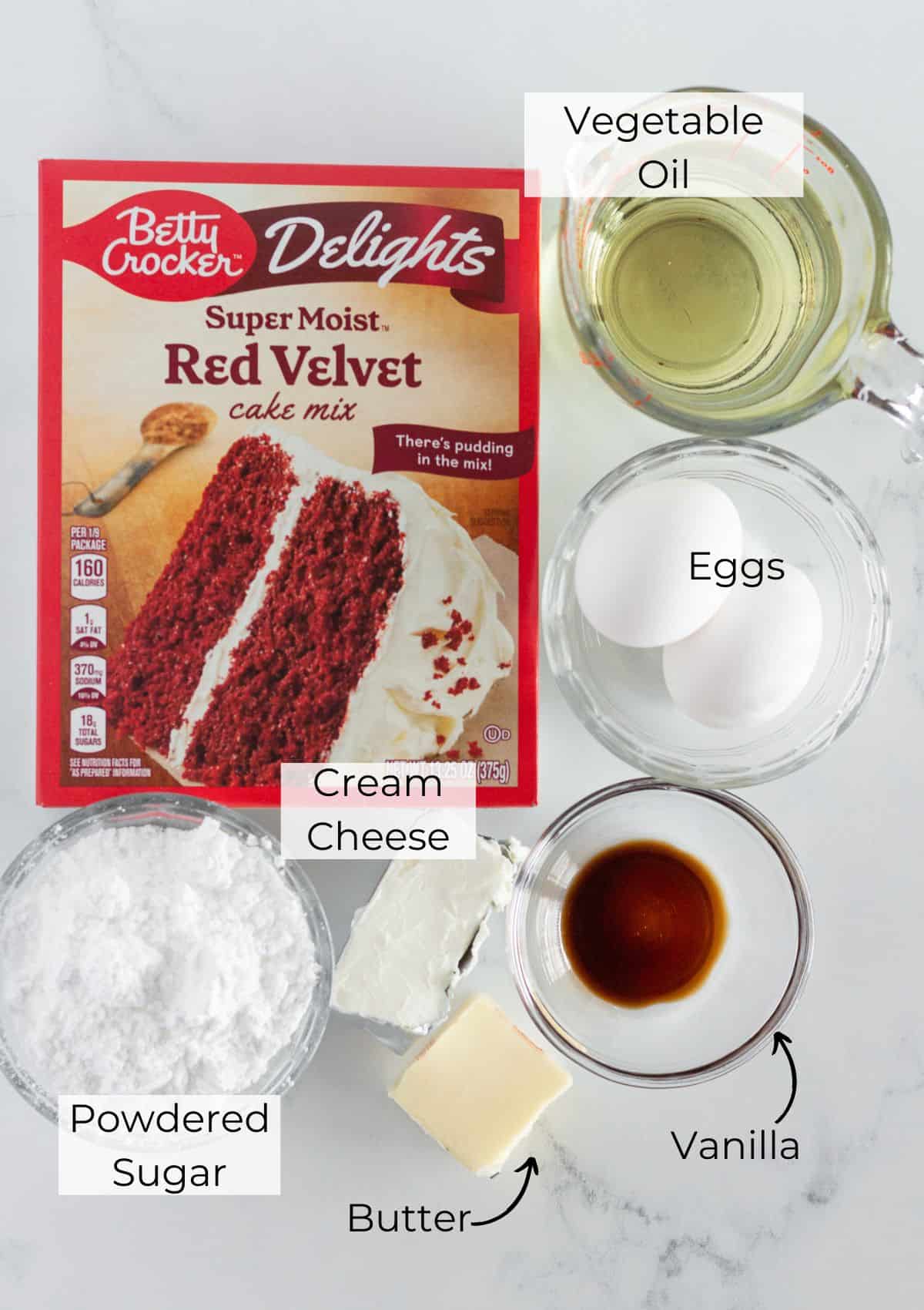 Ingredients needed to make red velvet brownies.